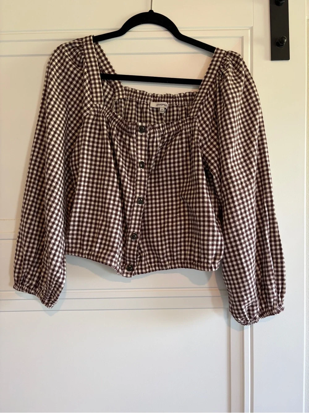 Madewell Brown and White Gingham Square-Neck Puff Sleeve Top